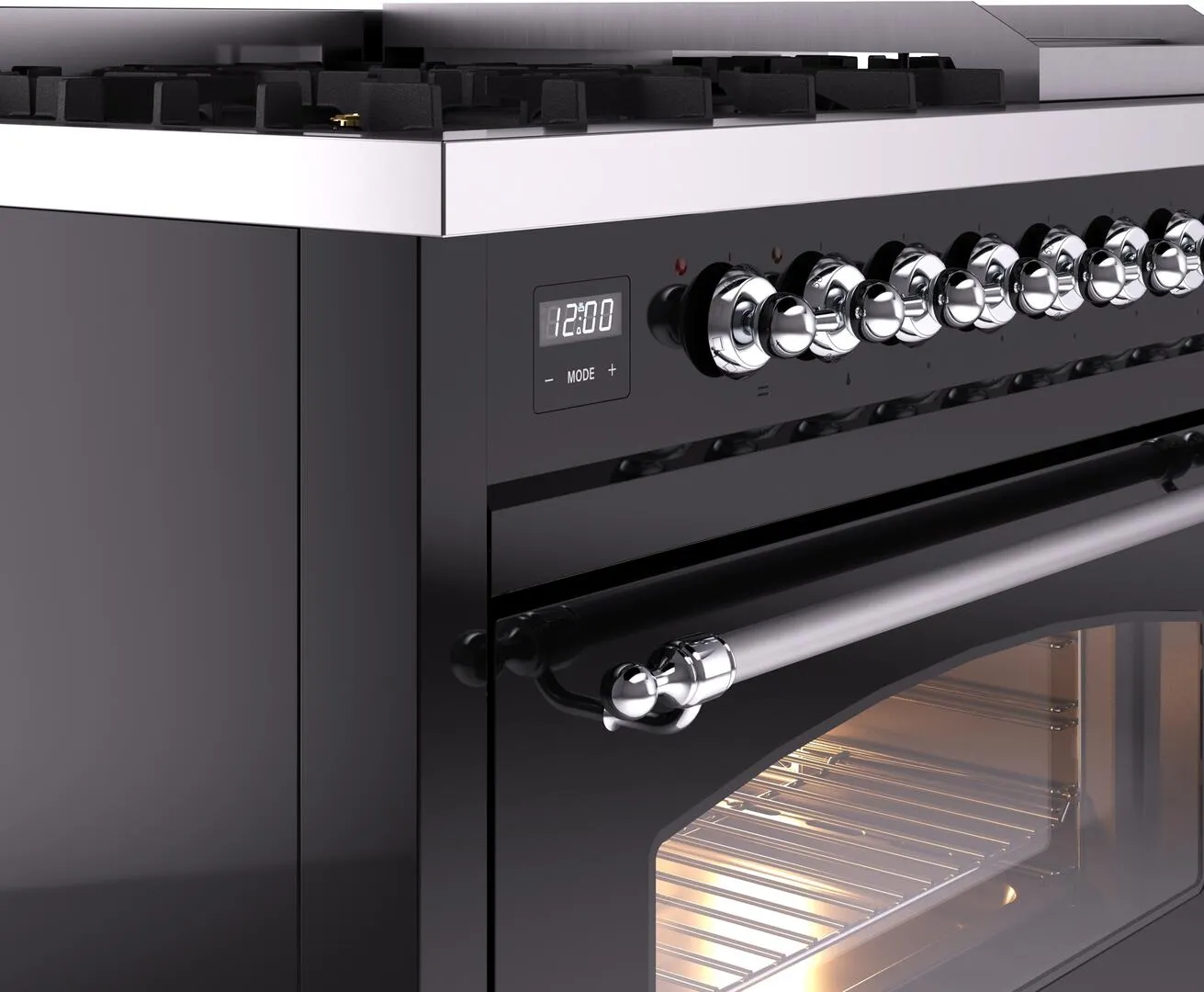 Ilve UP48FNMPBKCLP Nostalgie Ii 48 Inch Dual Fuel Liquid Propane Freestanding Range In Glossy Black With Chrome Trim
