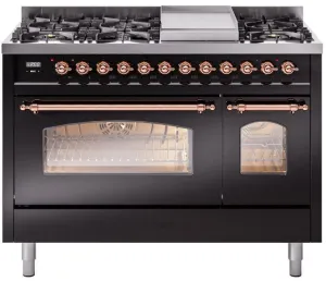Ilve UP48FNMPBKPLP Nostalgie Ii 48 Inch Dual Fuel Liquid Propane Freestanding Range In Glossy Black With Copper Trim