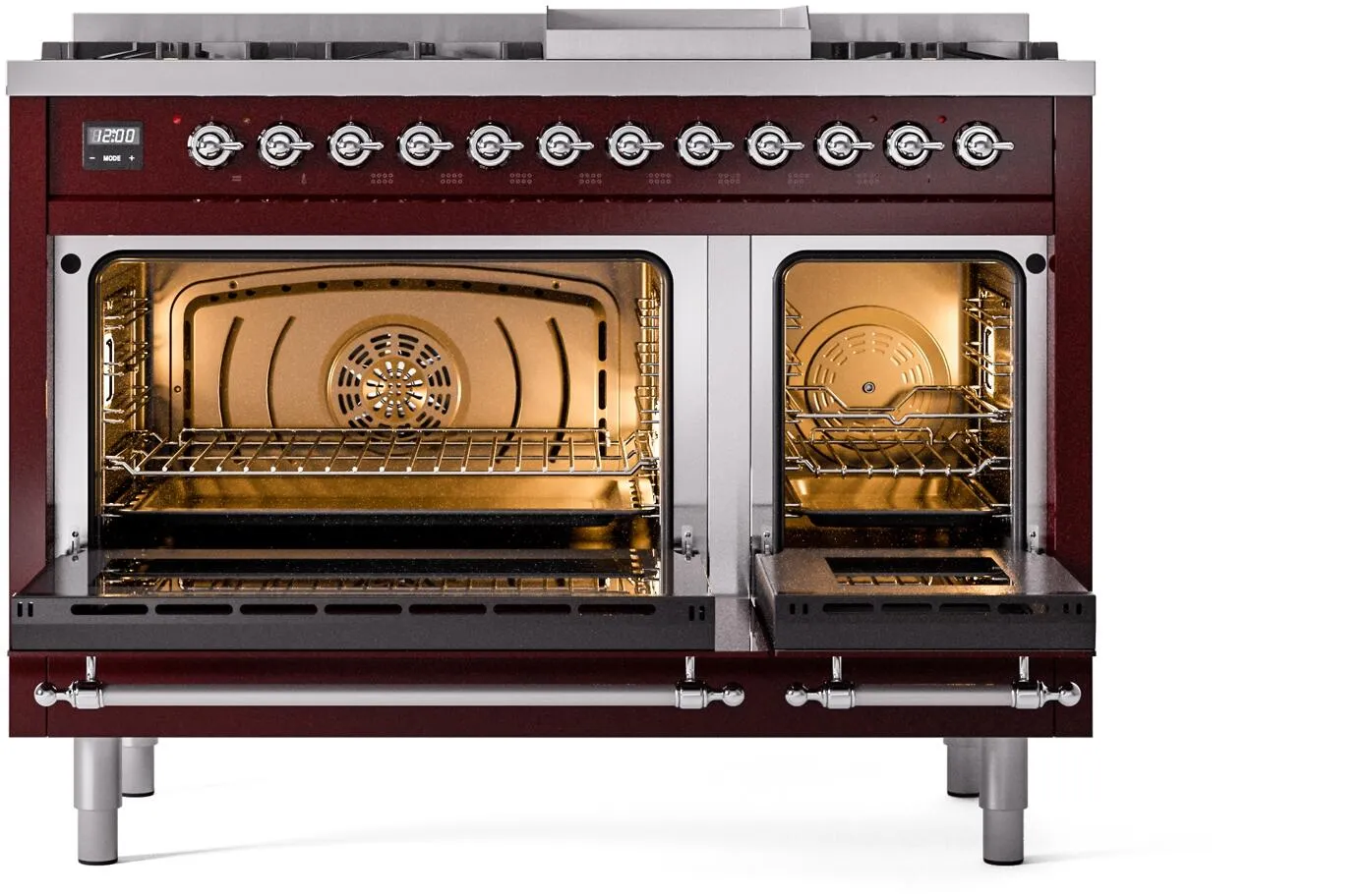 Ilve UP48FNMPBUC Nostalgie Ii 48 Inch Dual Fuel Natural Gas Freestanding Range In Burgundy With Chrome Trim