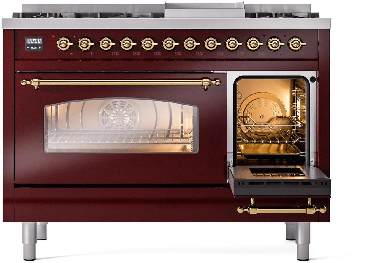 Ilve UP48FNMPBUG Nostalgie Ii 48 Inch Dual Fuel Natural Gas Freestanding Range In Burgundy With Brass Trim
