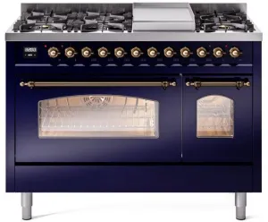 Ilve UP48FNMPMBB Nostalgie Ii 48 Inch Dual Fuel Natural Gas Freestanding Range In Blue With Bronze Trim