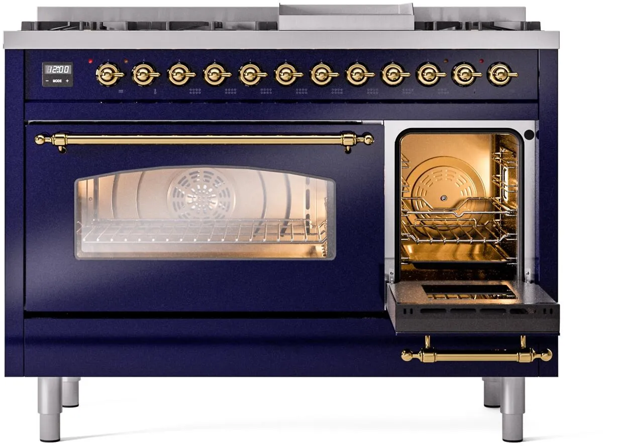 Ilve UP48FNMPMBGLP Nostalgie Ii 48 Inch Dual Fuel Liquid Propane Freestanding Range In Blue With Brass Trim
