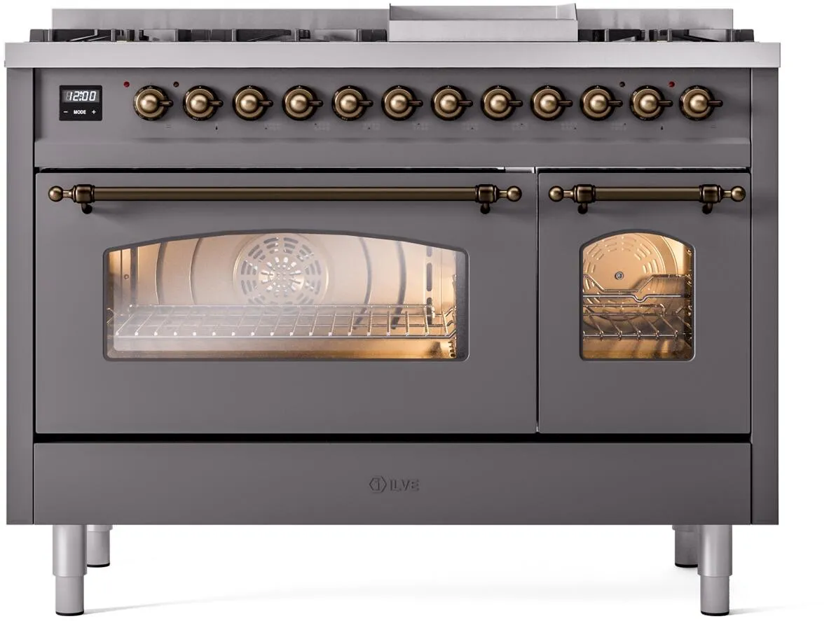 Ilve UP48FNMPMGBLP Nostalgie Ii 48 Inch Dual Fuel Liquid Propane Freestanding Range In Matte Graphite With Bronze Trim