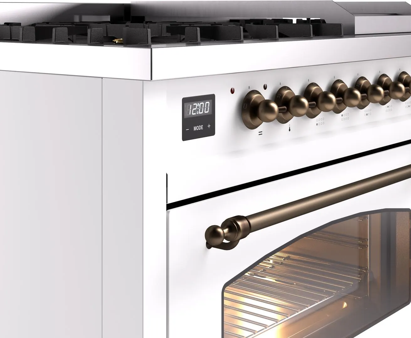 Ilve UP48FNMPWHB Nostalgie Ii 48 Inch Dual Fuel Natural Gas Freestanding Range In White With Bronze Trim