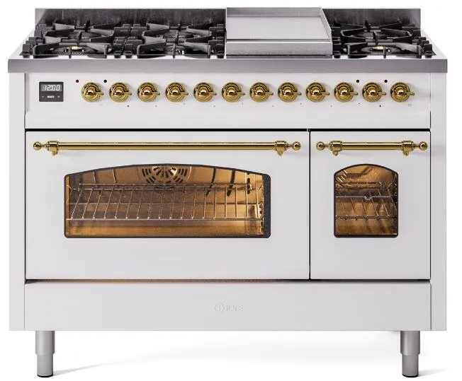 Ilve UP48FNMPWHG Nostalgie Ii 48 Inch Dual Fuel Natural Gas Freestanding Range In White With Brass Trim