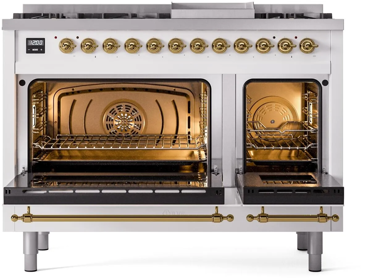 Ilve UP48FNMPWHG Nostalgie Ii 48 Inch Dual Fuel Natural Gas Freestanding Range In White With Brass Trim