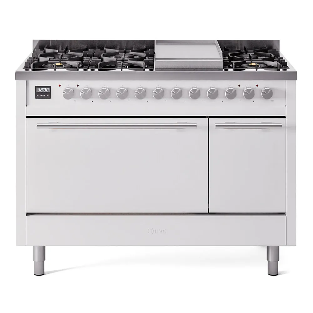 Ilve UP48FQMPWHLP Professional Plus Ii 48 Inch Dual Fuel Liquid Propane Freestanding Range In White With Trim
