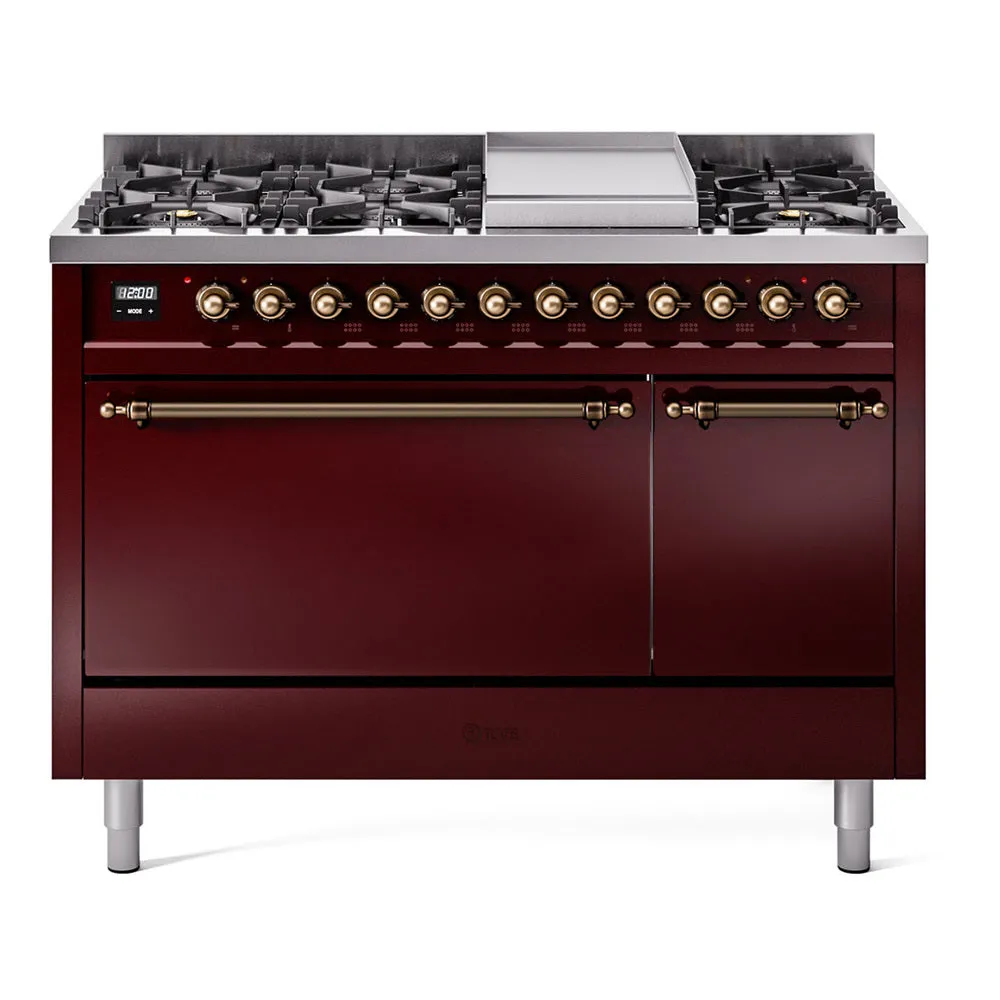 Ilve UP48FQNMPBUB Nostalgie Ii 48 Inch Dual Fuel Natural Gas Freestanding Range In Burgundy With Bronze Trim