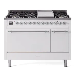 Ilve UP48FQNMPWHCLP Nostalgie Ii 48 Inch Dual Fuel Liquid Propane Freestanding Range In White With Chrome Trim