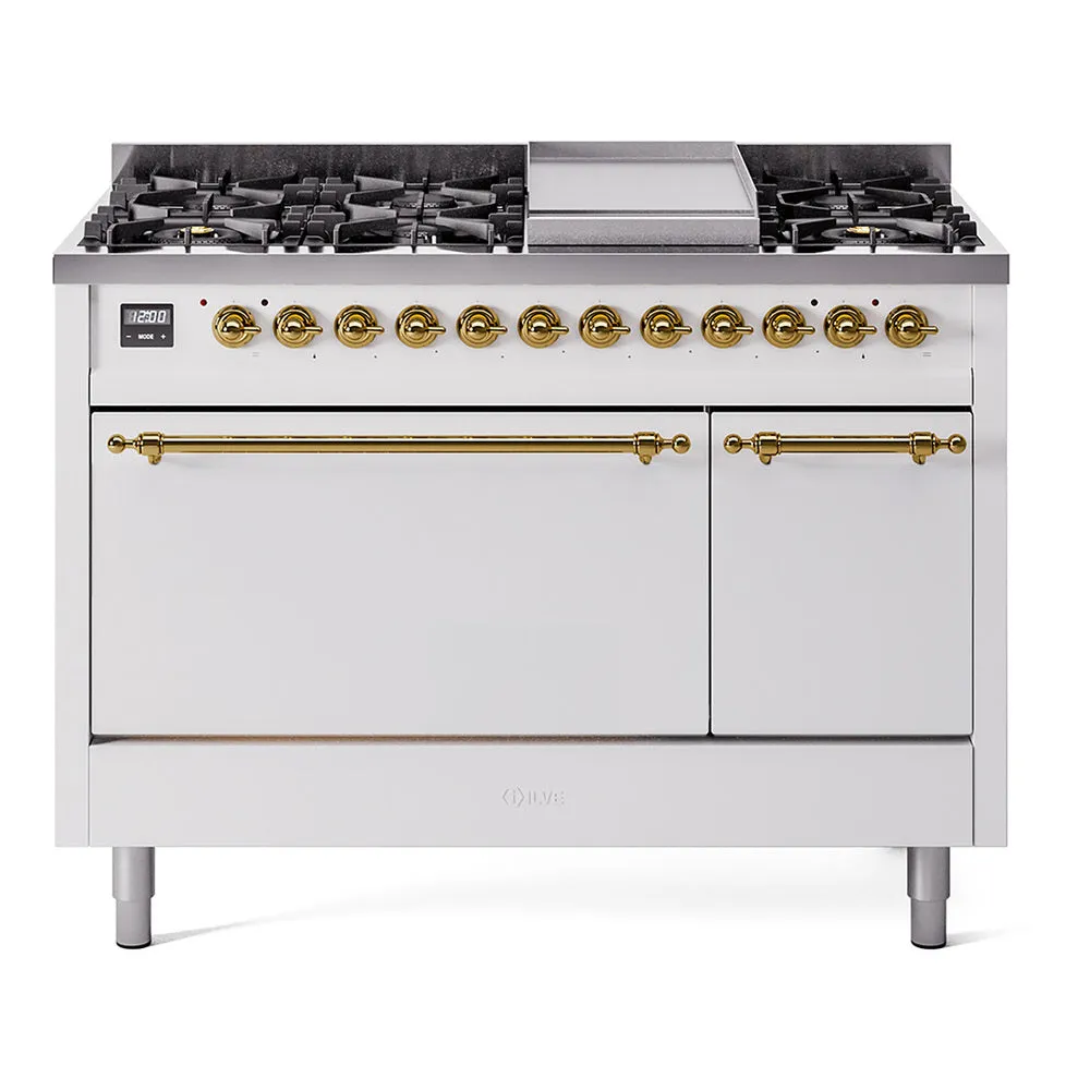 Ilve UP48FQNMPWHG Nostalgie Ii 48 Inch Dual Fuel Natural Gas Freestanding Range In White With Brass Trim
