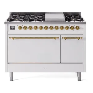 Ilve UP48FQNMPWHG Nostalgie Ii 48 Inch Dual Fuel Natural Gas Freestanding Range In White With Brass Trim