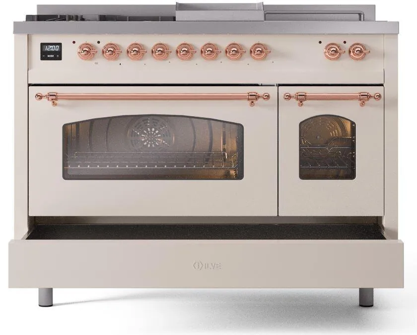 Ilve UP48FSNMPAWPLP Nostalgie Ii 48 Inch Dual Fuel Liquid Propane Freestanding Range In Antique White With Copper Trim