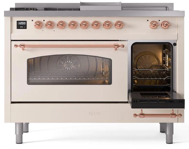 Ilve UP48FSNMPAWPLP Nostalgie Ii 48 Inch Dual Fuel Liquid Propane Freestanding Range In Antique White With Copper Trim