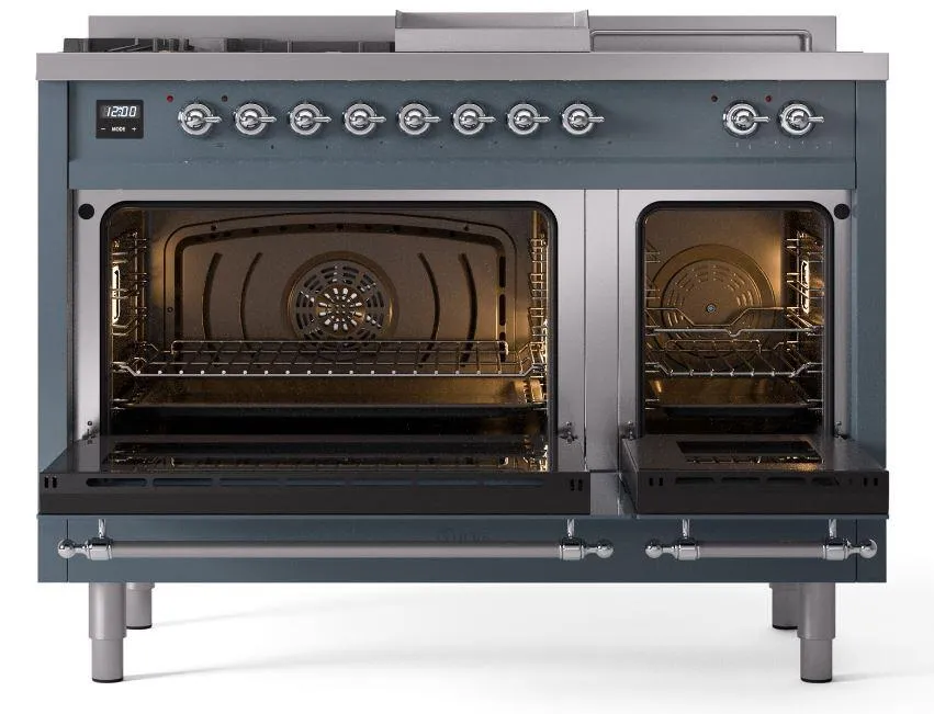 Ilve UP48FSNMPBGCLP Nostalgie Ii 48 Inch Dual Fuel Liquid Propane Freestanding Range In Blue Grey With Chrome Trim