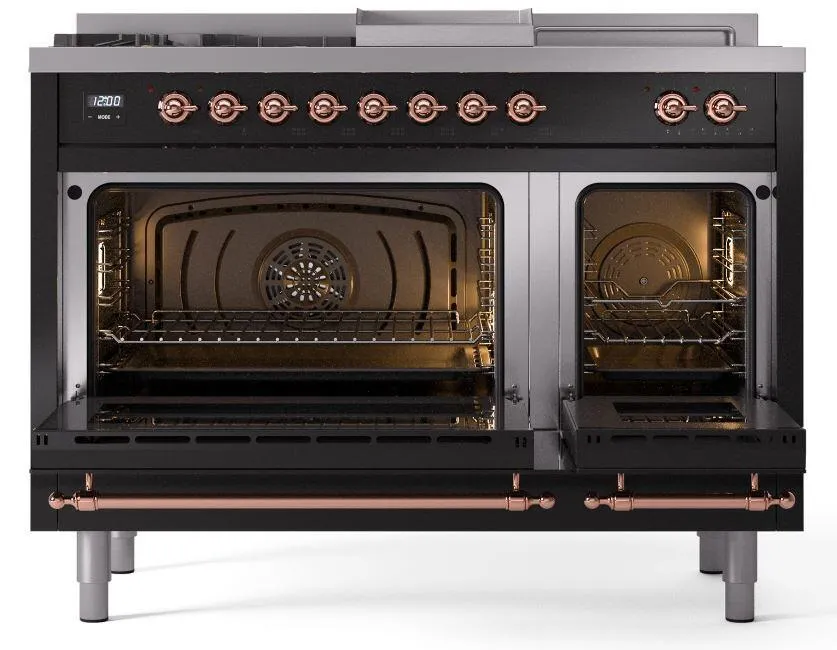 Ilve UP48FSNMPBKC Nostalgie Ii 48 Inch Dual Fuel Natural Gas Freestanding Range In Glossy Black With Copper Trim