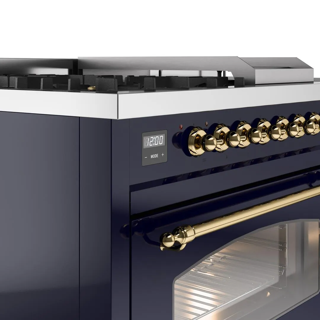Ilve UP48FSNMPMBGLP Nostalgie Ii 48 Inch Dual Fuel Liquid Propane Freestanding Range In Blue With Brass Trim