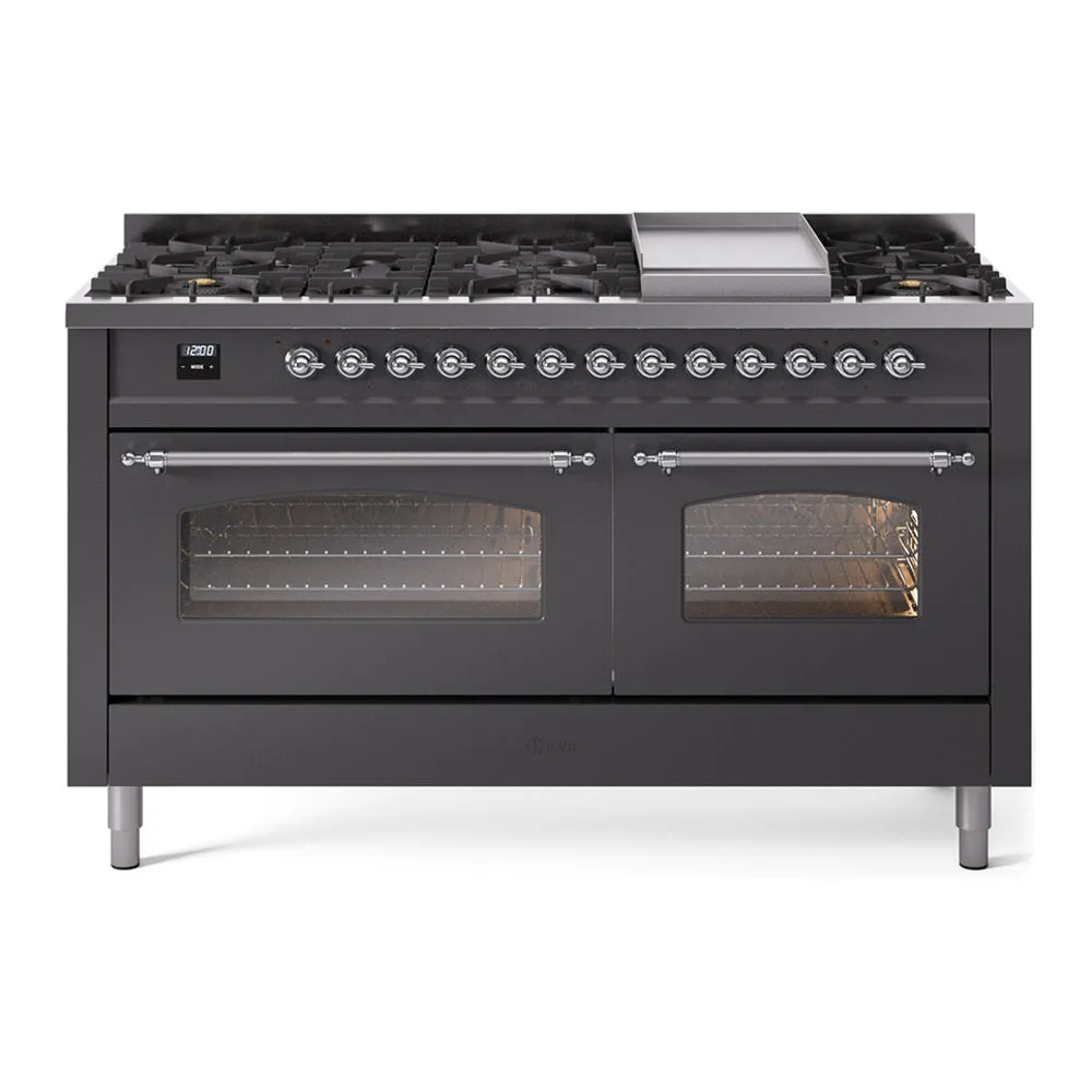 Ilve UP60FNMPMGCLP Nostalgie Ii 60 Inch Dual Fuel Liquid Propane Freestanding Range In Matte Graphite With Chrome Trim