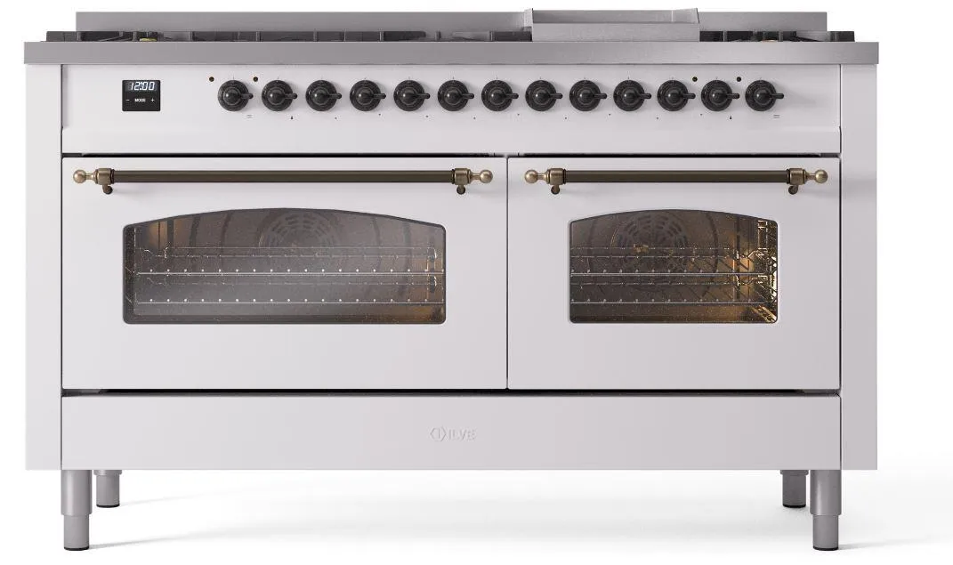 Ilve UP60FNMPWHB Nostalgie Ii 60 Inch Dual Fuel Natural Gas Freestanding Range In White With Bronze Trim