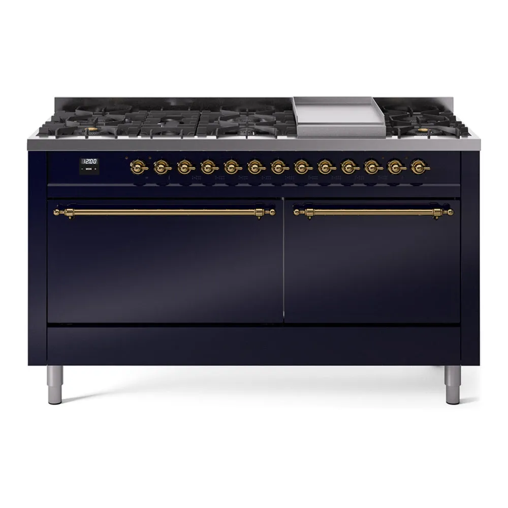 Ilve UP60FQNMPMBGLP Nostalgie Ii 60 Inch Dual Fuel Liquid Propane Freestanding Range In Blue With Brass Trim
