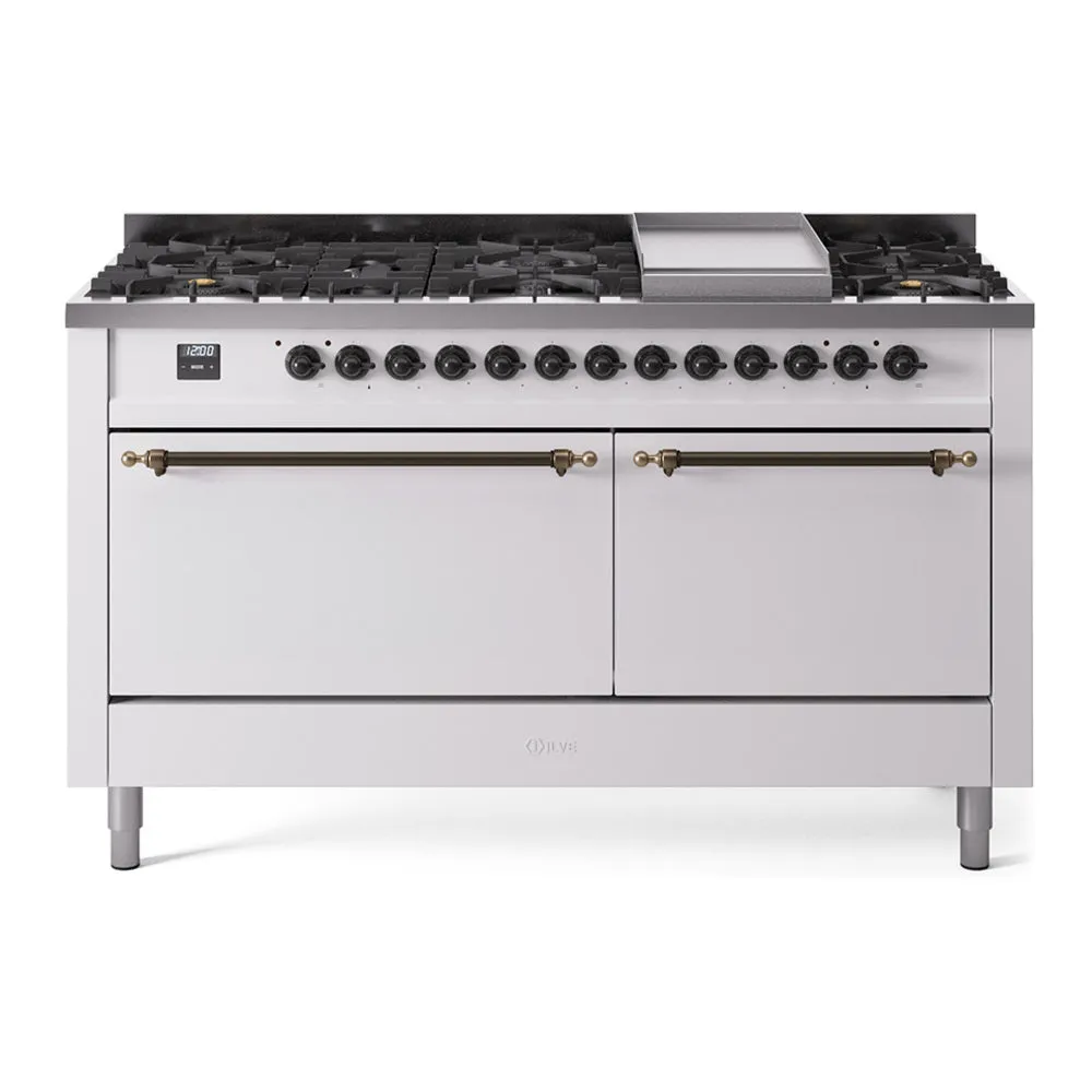 Ilve UP60FQNMPWHB Nostalgie Ii 60 Inch Dual Fuel Natural Gas Freestanding Range In White With Bronze Trim