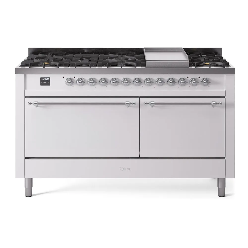 Ilve UP60FQNMPWHC Nostalgie Ii 60 Inch Dual Fuel Natural Gas Freestanding Range In White With Chrome Trim
