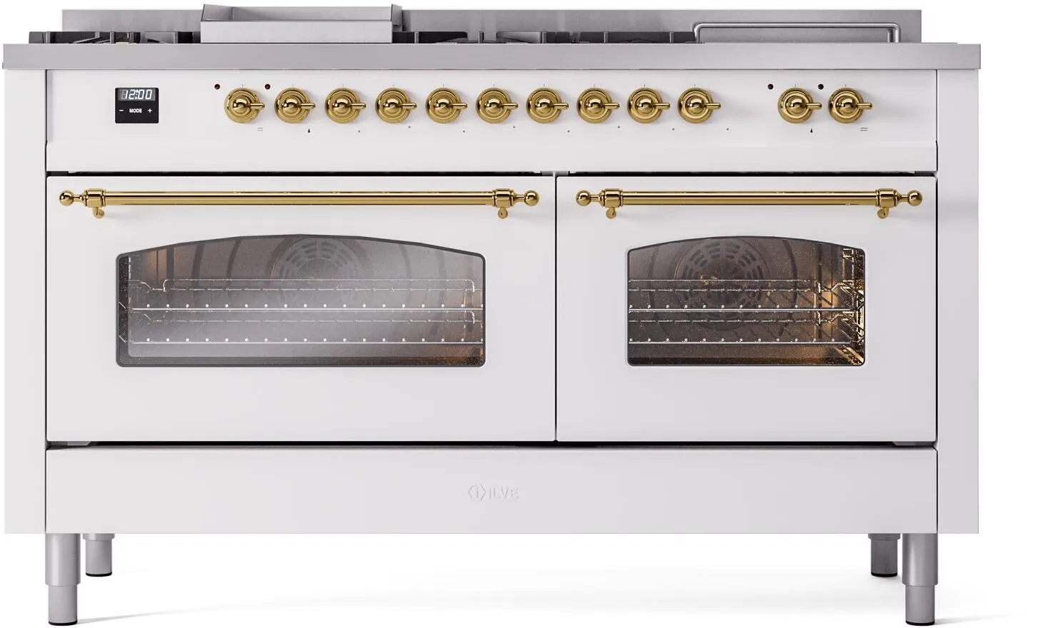 Ilve UP60FSNMPWHGLP Nostalgie Ii 60 Inch Dual Fuel Liquid Propane Freestanding Range In White With Brass Trim