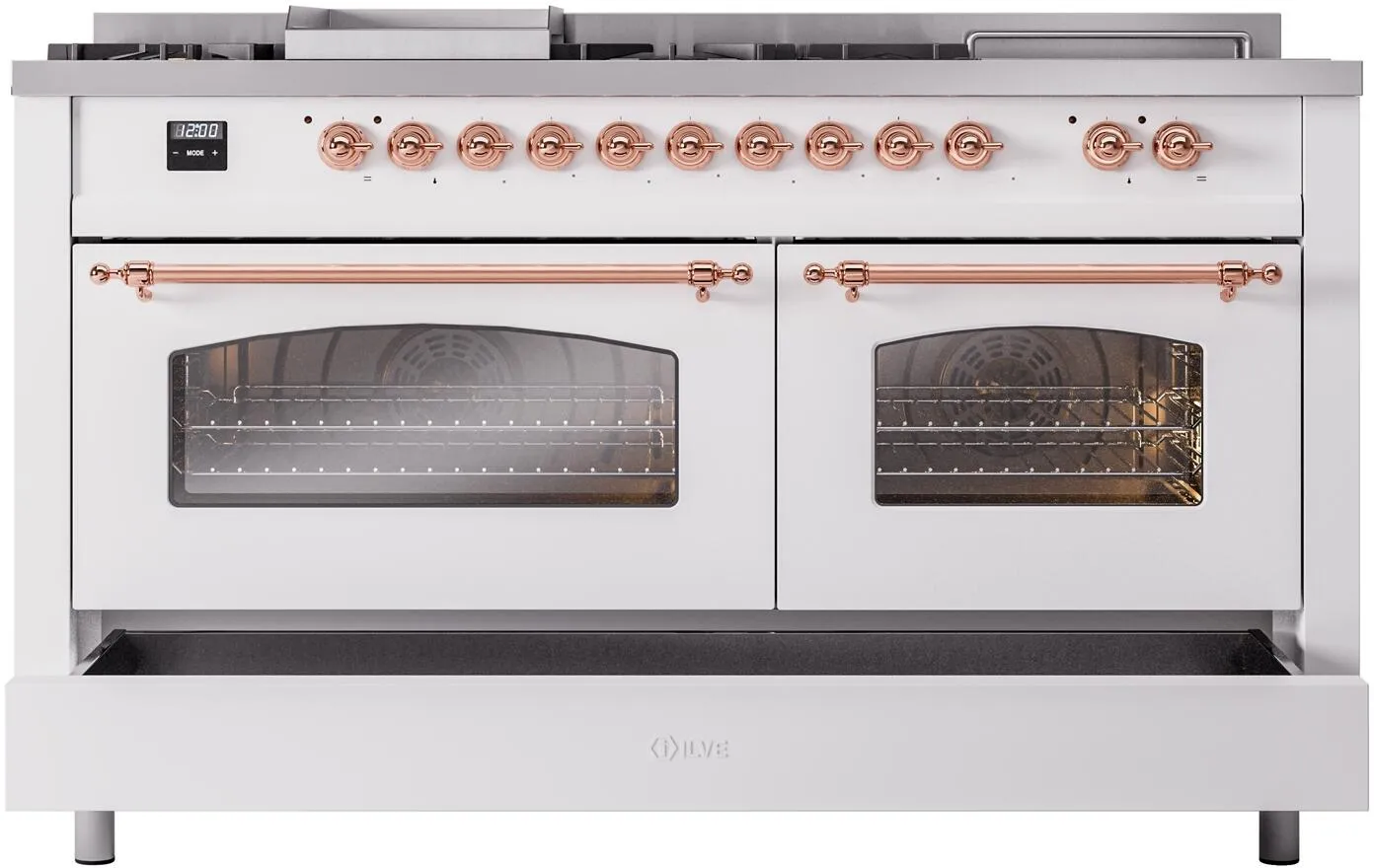 Ilve UP60FSNMPWHP Nostalgie Ii 60 Inch Dual Fuel Natural Gas Freestanding Range In White With Copper Trim