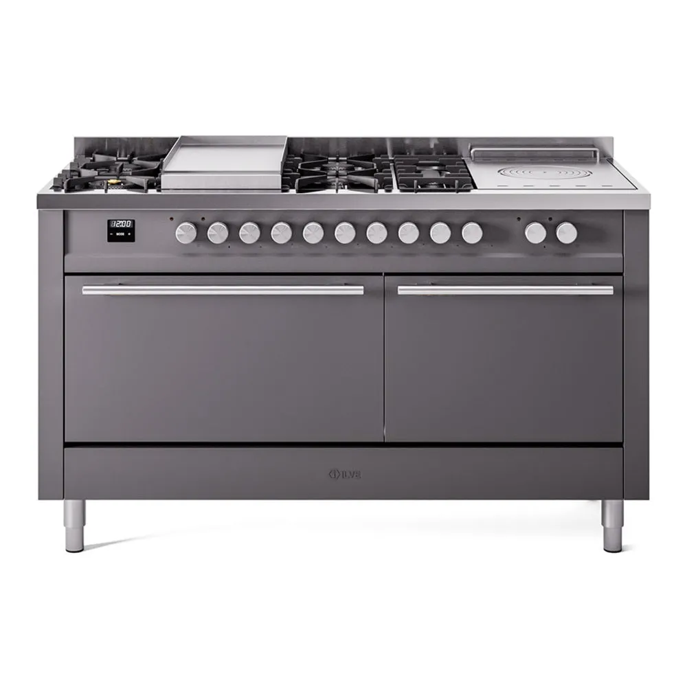 Ilve UP60FSQMPMGLP Professional Plus Ii 60 Inch Dual Fuel Liquid Propane Freestanding Range In Matte Graphite With Trim