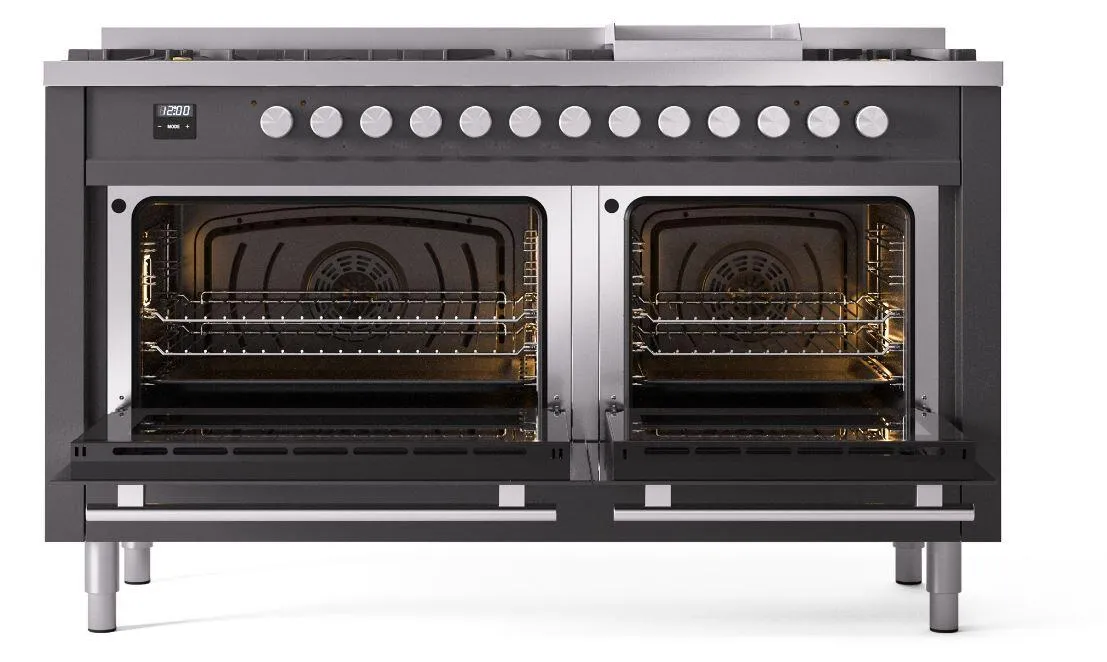 Ilve UP60FWMPMGLP Professional Plus Ii 60 Inch Dual Fuel Liquid Propane Freestanding Range In Matte Graphite With Trim