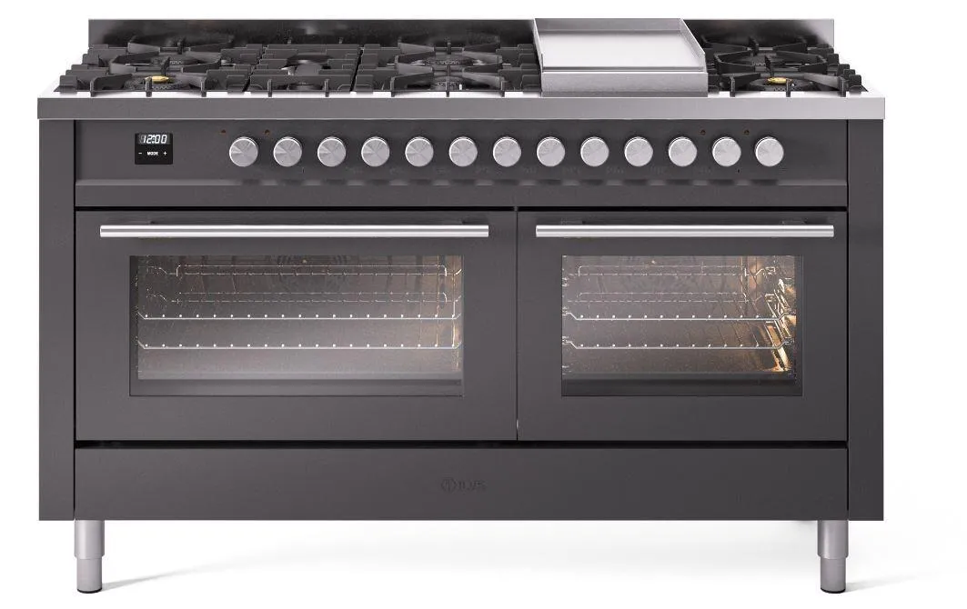 Ilve UP60FWMPMGLP Professional Plus Ii 60 Inch Dual Fuel Liquid Propane Freestanding Range In Matte Graphite With Trim