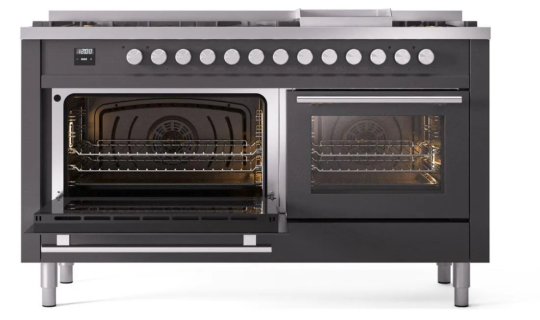 Ilve UP60FWMPMGLP Professional Plus Ii 60 Inch Dual Fuel Liquid Propane Freestanding Range In Matte Graphite With Trim