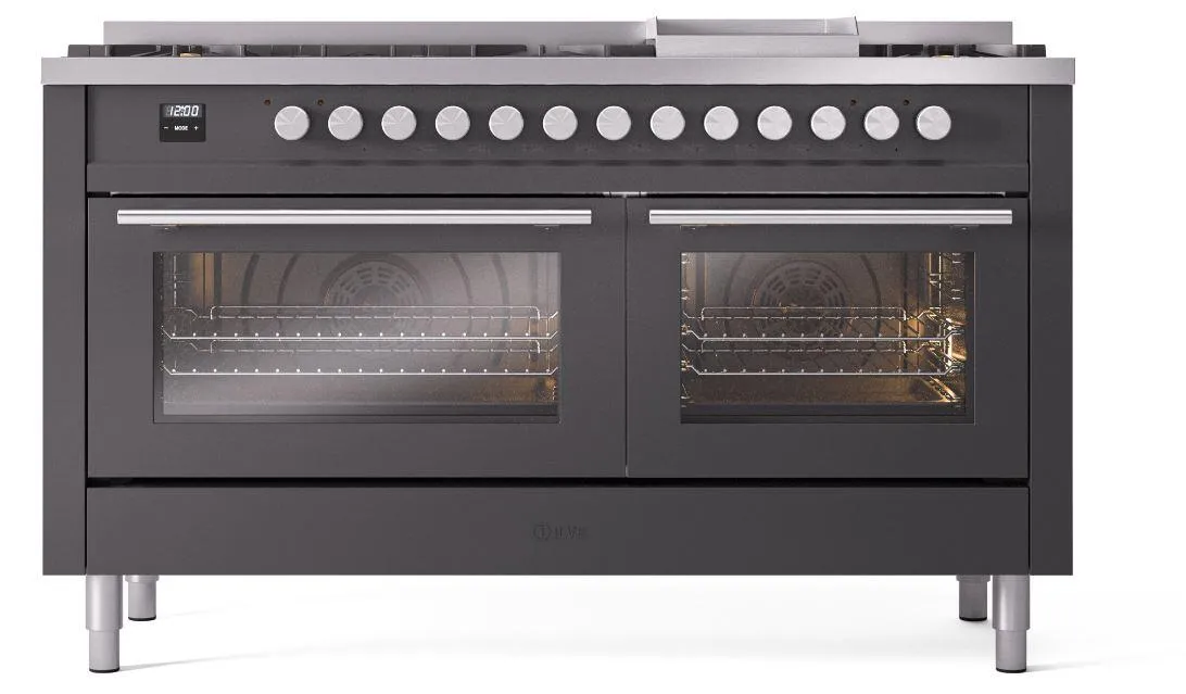 Ilve UP60FWMPMGLP Professional Plus Ii 60 Inch Dual Fuel Liquid Propane Freestanding Range In Matte Graphite With Trim