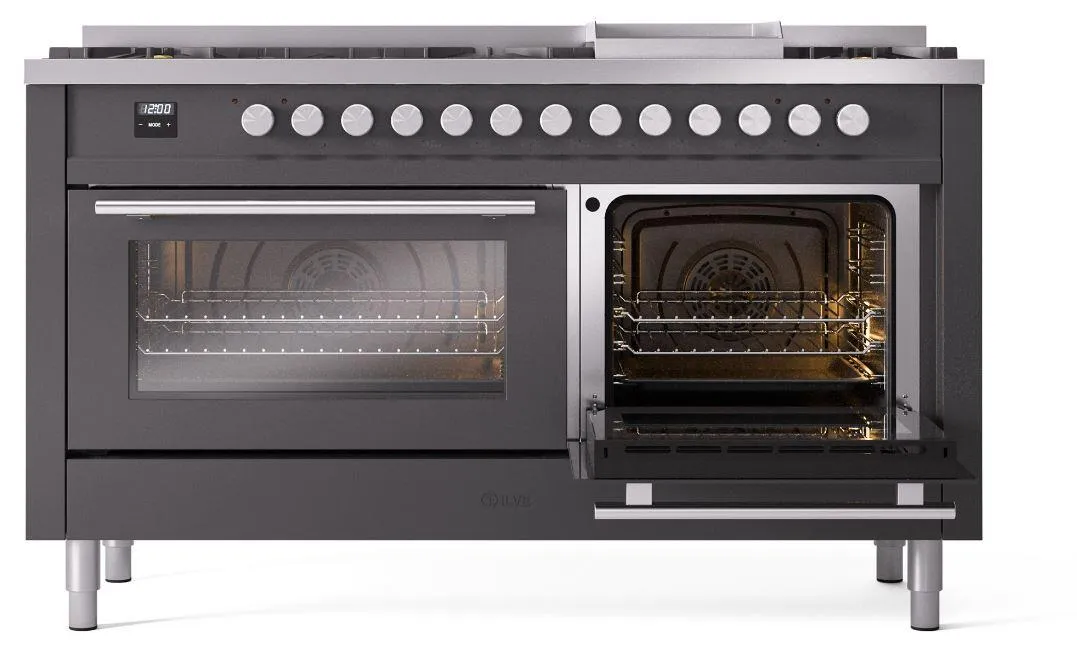 Ilve UP60FWMPMGLP Professional Plus Ii 60 Inch Dual Fuel Liquid Propane Freestanding Range In Matte Graphite With Trim