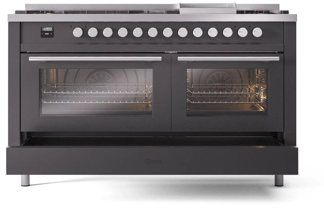 Ilve UP60FWMPMGLP Professional Plus Ii 60 Inch Dual Fuel Liquid Propane Freestanding Range In Matte Graphite With Trim
