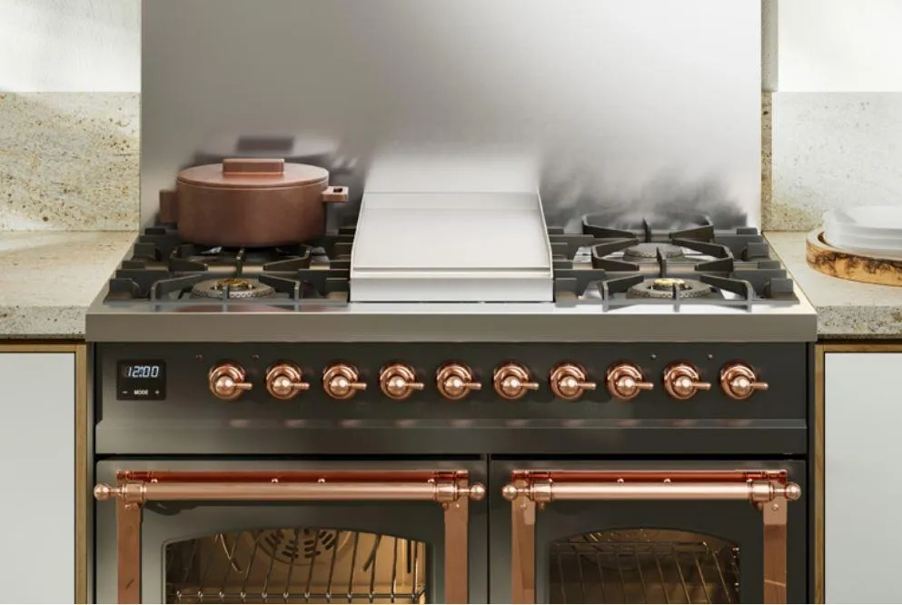 Ilve UPD40FNMPBUBLP Nostalgie Ii 40 Inch Dual Fuel Liquid Propane Freestanding Range In Burgundy With Bronze Trim