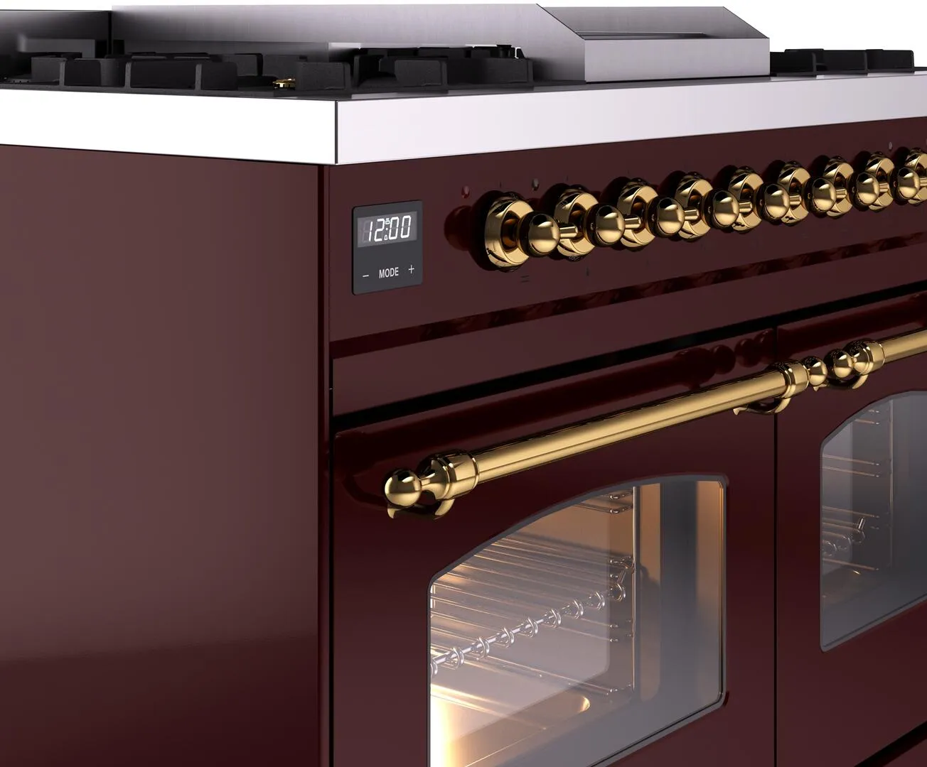 Ilve UPD40FNMPBUG Nostalgie Ii 40 Inch Dual Fuel Natural Gas Freestanding Range In Burgundy With Brass Trim