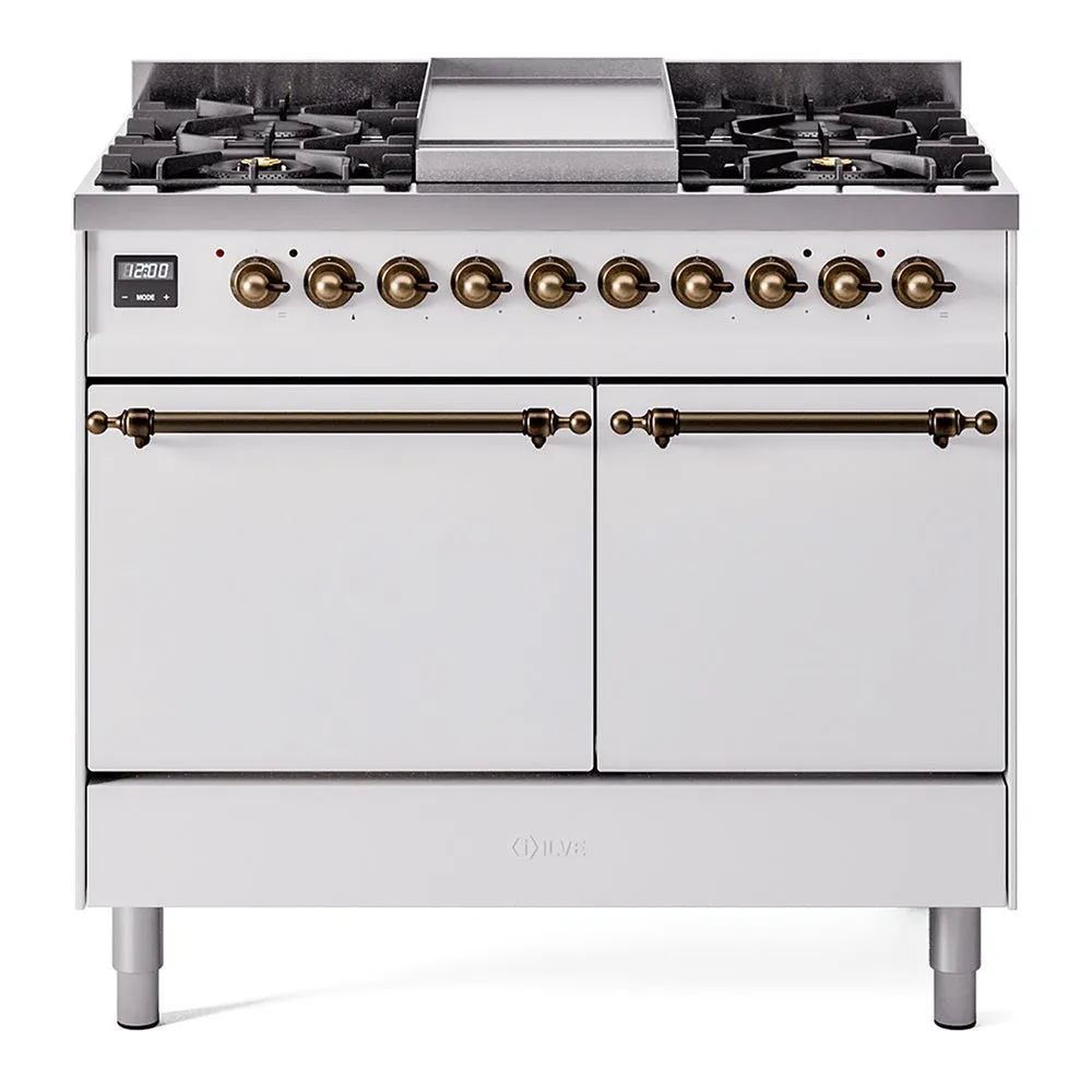 Ilve UPD40FQNMPWHBLP Nostalgie Ii 40 Inch Dual Fuel Liquid Propane Freestanding Range In White With Bronze Trim
