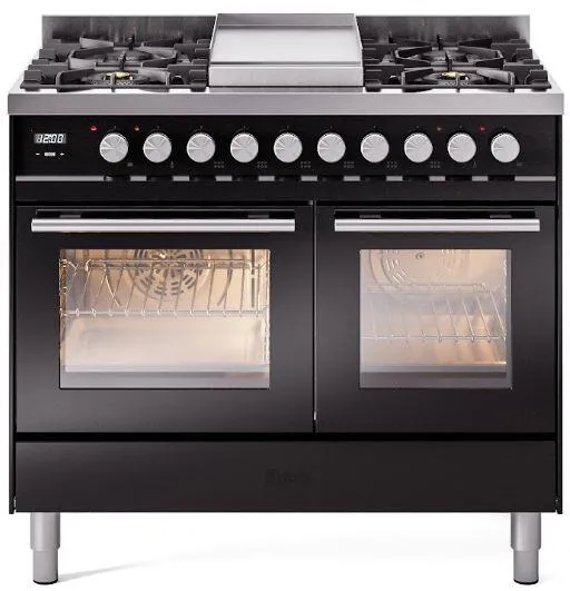 Ilve UPD40FWMPBKLP Professional Plus Ii 40 Inch Dual Fuel Liquid Propane Freestanding Range In Glossy Black With Trim