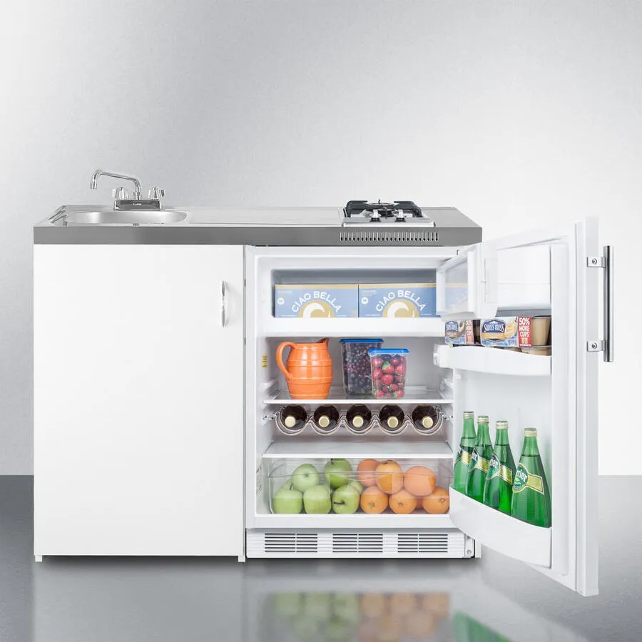 Summit C48GAS 48 Wide All-In-One Kitchenette With 2-Burner Gas Cooktop. Cycle Defrost Refrigerator-Freezer. Sink. And Storage Cabinet